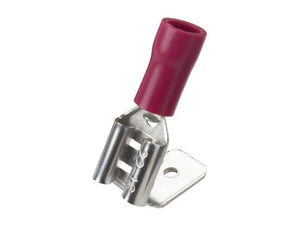 Introducing the Sparex Pre Insulated Spade Terminal, Double Grip - Female Spade with Male Branch. This red terminal, measuring 6.3mm and accommodating wire sizes between 0.5 - 1.5mm, features a metal tab and hole for wire attachment. It ensures secure connections with its double grip crimp design and supports a maximum current rating of 10 amps (Sparex Part Number: S.163551).