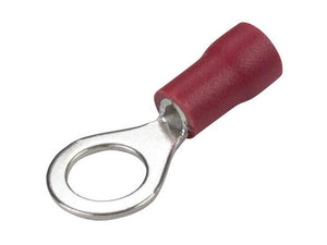 The Sparex Pre Insulated Ring Terminal, Double Grip (Sparex Part Number: S.163553), is a red terminal with a metal ring connector and a red plastic sleeve for electrical wiring, designed to handle up to 19 Amps of current.