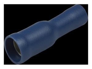 A close-up view of the Sparex Pre Insulated Bullet Terminal, Double Grip - Female, 5.0mm, Blue (1.5 - 2.5mm) (Sparex Part Number: S.163556), against a black background.