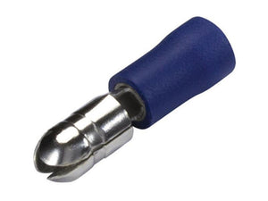 Close-up image of a blue Sparex Pre Insulated Bullet Terminal, Double Grip - Male, 4.0mm (1.5 - 2.5mm), designed to handle maximum current rating. Sparex Part Number: S.163557