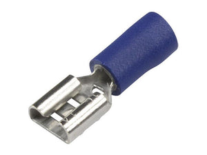 A close-up of a Sparex Pre Insulated Spade Terminal, Double Grip - Female, 6.3mm, Blue (1.5 - 2.5mm) featuring a crimping end, metal terminal, and rated for 15 Amps with Sparex Part Number S.163559.