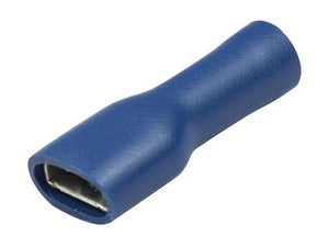 A Sparex Pre Insulated Spade Terminal - Fully Insulated, Double Grip - Female, 6.3mm, Blue (1.5 - 2.5mm) with a metal insert for secure electrical connections (Sparex Part Number: S.163560).