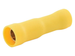 The Pre Insulated Bullet Terminal, Double Grip - Female by Sparex (Sparex Part Number: S.163566) is a yellow cylindrical connector with a metal interior, designed for 5.0mm wire sizes (4.0 - 6.0mm), featuring an insulated crimp type double grip and supporting a maximum current rating of 24 amps.