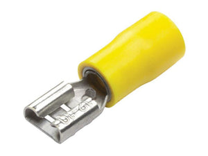 A close-up image of a Pre Insulated Spade Terminal, Double Grip - Female, 6.3mm, Yellow (4.0 - 6.0mm), also known as Sparex Part Number S.163568 by Sparex, used for electrical wire connections as an alternative to 8554. This crimp-type double grip connector has a maximum current rating of 24 amps.
