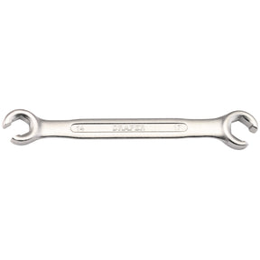 The Draper Flare Nut Spanner, 14 x 17mm - BAW-FN, is a silver double-ended open wrench with "DRAPER" labeled in the center. It is made of durable chrome vanadium steel and has size markings "14" and "17" on each end respectively.