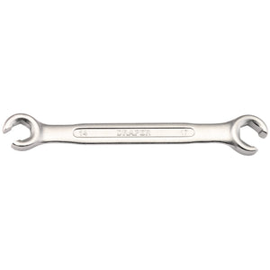 The Draper Flare Nut Spanner, 14 x 17mm - BAW-FN, is a silver double-ended open wrench with "DRAPER" labeled in the center. It is made of durable chrome vanadium steel and has size markings "14" and "17" on each end respectively.