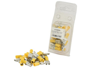 A package of Sparex Pre Insulated Spade Terminals (Double Grip - Female, 9.5mm, Yellow, 4.0 - 6.0mm) from the Agripak containing 25 pieces is displayed with several yellow and metal terminals scattered in front of the packaging.