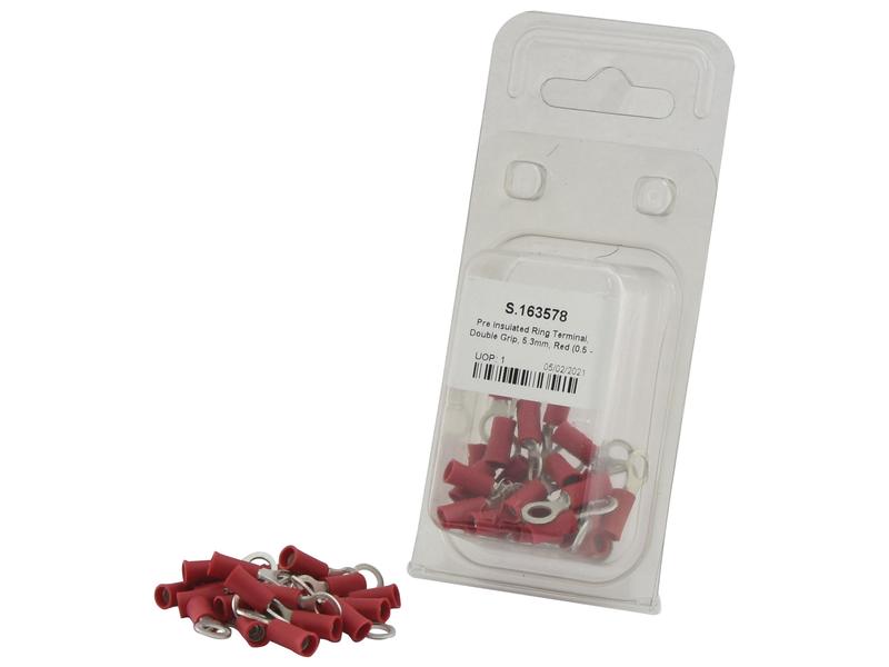 Pre Insulated Ring Terminal, Double Grip, 5.3mm, Red (0.5 - 1.5mm) (Agripak 25 pcs.) | Sparex Part Number: S.163578