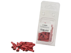 A package of Sparex Pre Insulated Spade Terminals - Fully Insulated, Double Grip - Female, 6.3mm, Red (0.5 - 1.5mm) (Agripak 25 pcs.) with several terminals scattered outside the packaging, featuring a crimp type double grip for secure connections.