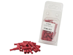 A pile of red electrical connectors is shown next to a Sparex Agripak clear plastic package containing similar Pre Insulated Bullet Terminals, Double Grip - Female, 4.0mm, Red (0.5 - 1.5mm), with a label indicating there are 25 pieces inside (Sparex Part Number: S.163582).