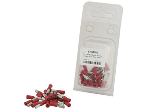 A package of Sparex pre-insulated bullet terminals, double grip type, featuring several loose red 4.0mm male double-grip terminals positioned in front of the packaging. The label indicates they are suitable for wire sizes 0.5 - 1.5mm, have a maximum current rating of 10Amps, and carry the product code S.163583 within an Agripak containing 25 pieces.