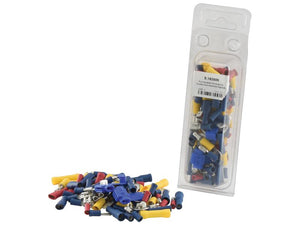 An assortment of insulated wire connectors, featuring various colors and types, is spread on a surface beside transparent plastic packaging labeled "Sparex." The label, partially visible, indicates that this is the Pre Insulated Terminal Kit, Double Grip Assorted (Agripak 80 pcs.) by Sparex (Part Number: S.163585), showcasing its compatibility for terminal double crimp applications.