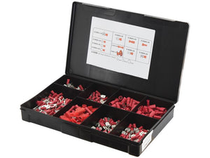 The Pre Insulated Terminal Kit, Double Grip Red (Handipak 430 pcs.), Sparex Part Number S.163588, is a black plastic organizer box with multiple compartments containing various red and metal electrical connectors, including Red Bullet Crimps. An information sheet is attached to the lid.