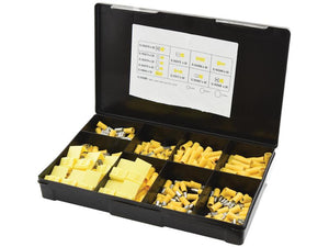 A Sparex Pre Insulated Terminal Kit, Double Grip Yellow (Handipak 270 pcs.), housed in a black plastic Handipak box containing yellow crimp terminals organized into sections, features a chart displaying sizes and quantities inside the lid.