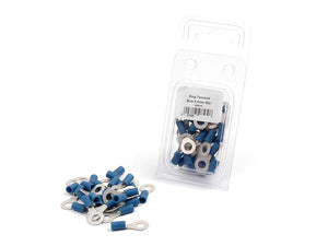 A package containing Sparex Pre Insulated Ring Terminals, Double Grip, 6.4mm, Blue (1.5 - 2.5mm) (Agripak 25 pcs.), part number S.163595, is displayed, with several Blue Crimp terminals spread out next to it.