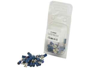 A clear plastic package containing blue insulated electrical connectors, including some Double Grip Crimp connectors placed in front. The package has a white label with product information and is identified as the Sparex Pre Insulated Spade Terminal, Double Grip - Female, 6.3mm, Blue (1.5 - 2.5mm), Agripak 25 pcs., with part number S.163597.