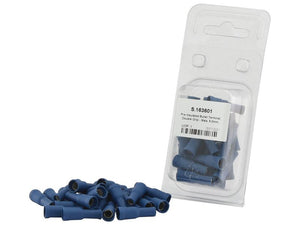 A pile of Sparex Pre Insulated Bullet Terminals, Double Grip - Male, 5.0mm, Blue (1.5 - 2.5mm), likely from an Agripak containing 25 pcs., sits next to a transparent plastic packaging containing even more terminals.