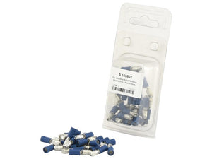 A package of Sparex Pre Insulated Blue Bullet Terminals, Double Grip - Male, 5.0mm (1.5 - 2.5mm) (Agripak 25 pcs.), along with additional loose terminals scattered in front, designed for a maximum current rating of 15 Amps.