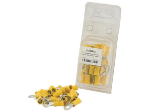 A package of Sparex Pre Insulated Ring Terminals, Double Grip, 6.4mm, Yellow (4.0 - 6.0mm) (Agripak 25 pcs.), displayed in and out of its packaging. The package label includes the part number S.163603 and details a double grip capacity up to 48 amps.
