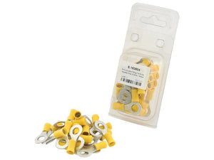 A pack of Sparex Pre Insulated Ring Terminal, Double Grip, 8.4mm, Yellow (4.0 - 6.0mm) (Agripak 25 pcs.), with several loose connectors placed next to the packaging.