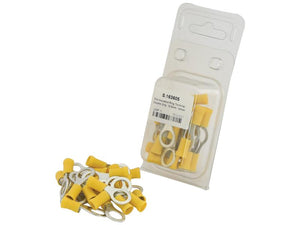 A pile of Sparex Pre Insulated Ring Terminal, Double Grip, 10.5mm, Yellow (4.0 - 6.0mm) connectors on a white surface next to an Agripak clear plastic package containing more of the same S.163605 connectors (25 pcs.).