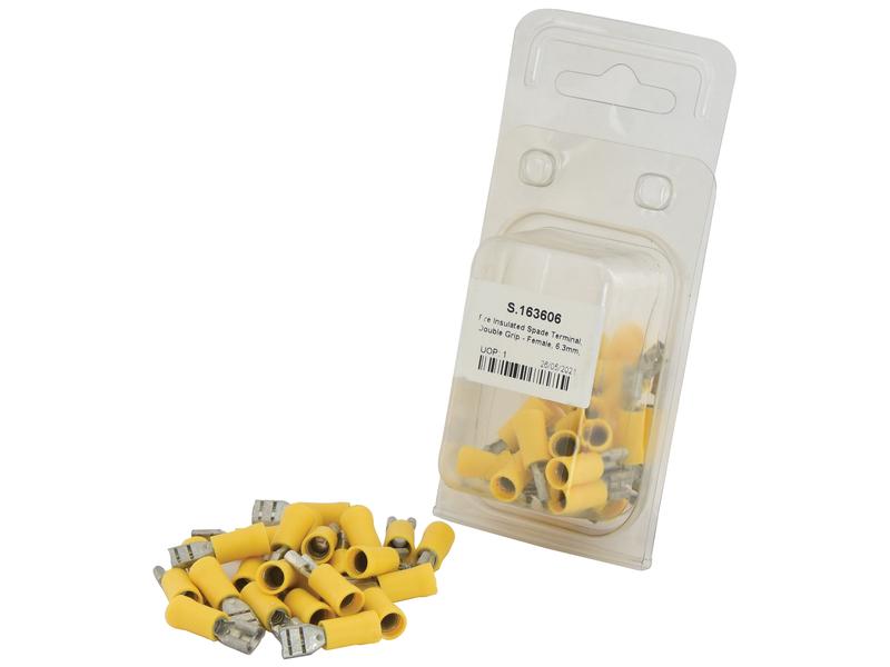 Pre Insulated Spade Terminal, Double Grip - Female, 6.3mm, Yellow (4.0 - 6.0mm) (Agripak 25 pcs.) | Sparex Part Number: S.163606