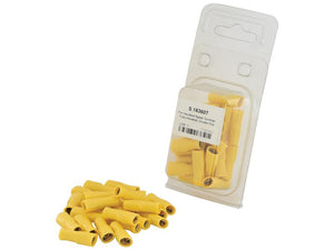 A package of Sparex Pre-Insulated Spade Terminals - Fully Insulated, Double Grip - Female, 6.3mm, Yellow (4.0 - 6.0mm), (Agripak 25 pcs.) with some spilled out, likely used for electrical connections.