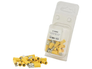 A small pile of yellow Pre Insulated Spade Terminals with metal tips, featuring male double grip connectors (6.3mm) for wire sizes 4.0 - 6.0mm, is positioned next to a partially opened clear plastic package labeled S.163608 by Sparex (Agripak 25 pcs.).