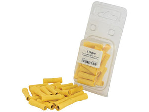 A clear plastic package labeled "Pre Insulated Bullet Terminal, Double Grip - Female, 5.0mm, Yellow (4.0 - 6.0mm) (Agripak 25 pcs.)" by Sparex containing yellow connector sleeves with a double grip, and several additional sleeves scattered in front of it. These connectors have a maximum current rating suitable for various applications. The product is identified as Sparex Part Number S.163609.
