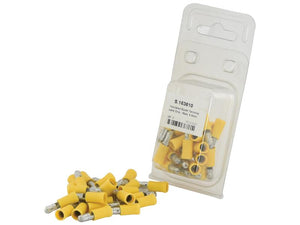 A clear plastic package containing 25 pieces of Sparex Pre Insulated Bullet Terminals, Double Grip - Male, 5.0mm, Yellow (4.0 - 6.0mm), identified by Sparex Part Number S.163610, next to a pile of loose yellow and metal Double Grip Crimp terminals.