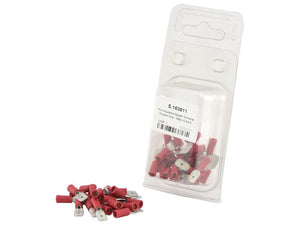 A pack of Sparex Pre Insulated Spade Terminal, Double Grip - Male, 6.3mm, Red (0.5 - 1.5mm) connectors (Agripak 25 pcs.), with several connectors spilled out in front of the plastic packaging, featuring a temperature range of -10°C to +75°C.
