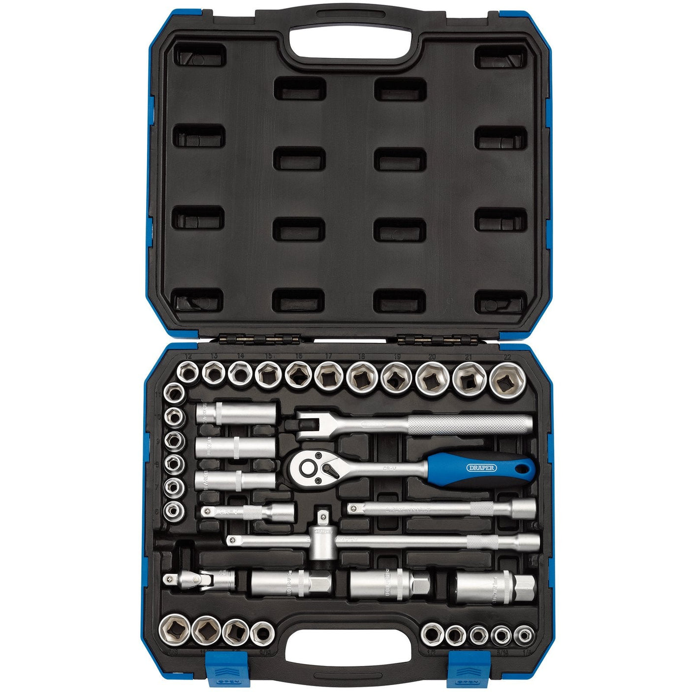 The Draper Combined mm/Af Socket Set, 3/8" Sq. Dr. (39 Piece) - DD39AM, is a black and blue hard case containing a complete set of ratchet wrench tools and metric sockets, made from durable chrome vanadium steel, neatly organized in designated slots.