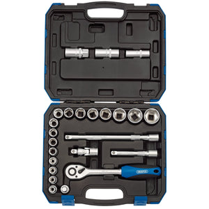 The Draper Metric Socket Set, 1/2" Sq. Dr. (24 Piece) - HD24M comes in a black, hard plastic case with a blue handle. It includes sockets and a reversible ratchet made from chrome vanadium steel, along with extension bars and other accessories, all neatly organized in designated slots within this durable storage solution.