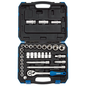 The Draper Combined mm/Af Socket Set, 1/2" Sq. Dr. (33 Piece) - HD33AM comes in an open hard plastic case, neatly organizing a set of socket wrenches, a ratchet, and various extension bars. The 72 tooth ratchet and tools are crafted from durable chrome vanadium steel, meeting DIN3122 specifications for quality and performance.