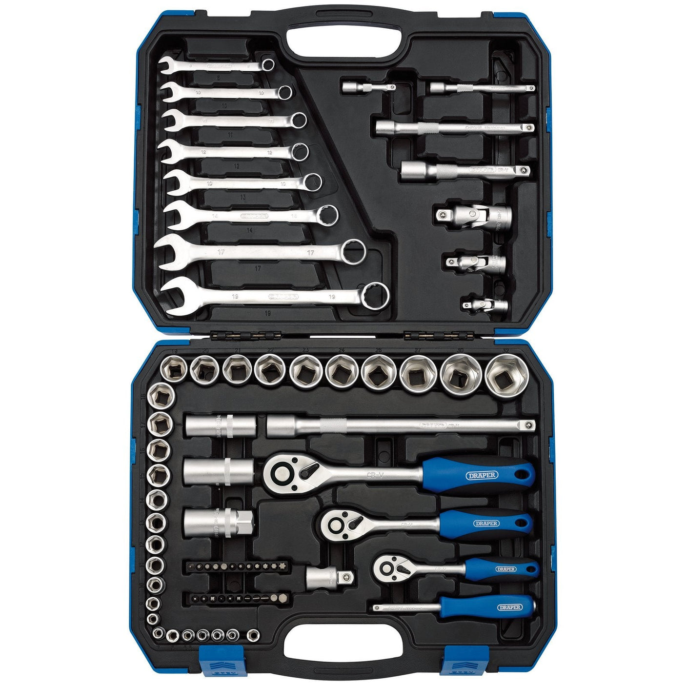 A Draper Metric Tool Kit (TKD75M), featuring a 75-piece collection of 1/4", 3/8" and 1/2" square drive tools, comes in an open black and blue case containing various chrome vanadium steel wrenches, a reversible soft grip ratchet, six-point sockets, and extensions, all neatly organized in their designated slots.