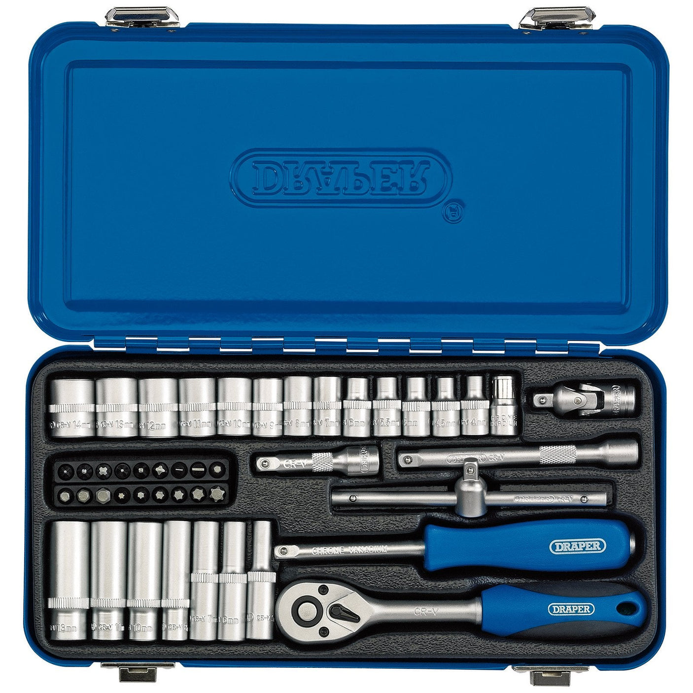 A Draper Metric Socket Set in a blue metal carrying case, featuring 45 pieces including various socket wrenches, chrome vanadium steel ratchets, and bits, all neatly organized in designated slots.