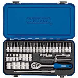 A Draper Metric Socket Set in Metal Case, 1/4" Sq. Dr. (38 Piece) - BD38M/MT, featuring a reversible ratchet, extension bars, and various sockets made from chrome vanadium steel, all neatly arranged within a fitted carrying case.