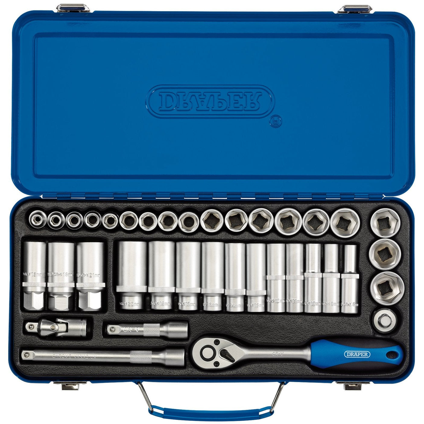 Introducing the Draper Metric Socket Set, 3/8" Sq. Dr. (37 Piece) - DD37M/MT by Draper: a blue tool case containing a 72 tooth ratchet, six point sockets, and an assortment of extensions, all meticulously crafted from chrome vanadium steel and neatly organized in a foam insert.