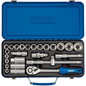 The Draper Metric Socket Set, 1/2" Sq. Dr. (26 Piece) - HD26M/MT comes in a blue tool case and includes a reversible soft grip ratchet, multiple six-point sockets, and various attachments made from chrome vanadium steel, all neatly organized in a black foam insert.