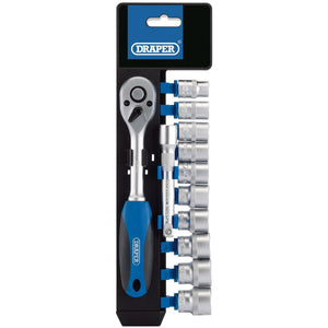 A 12-piece Draper Metric Socket And Ratchet Set, model DD12M/PR, displayed on a black plastic holder and featuring a blue and black soft grip handle made from chrome vanadium steel.