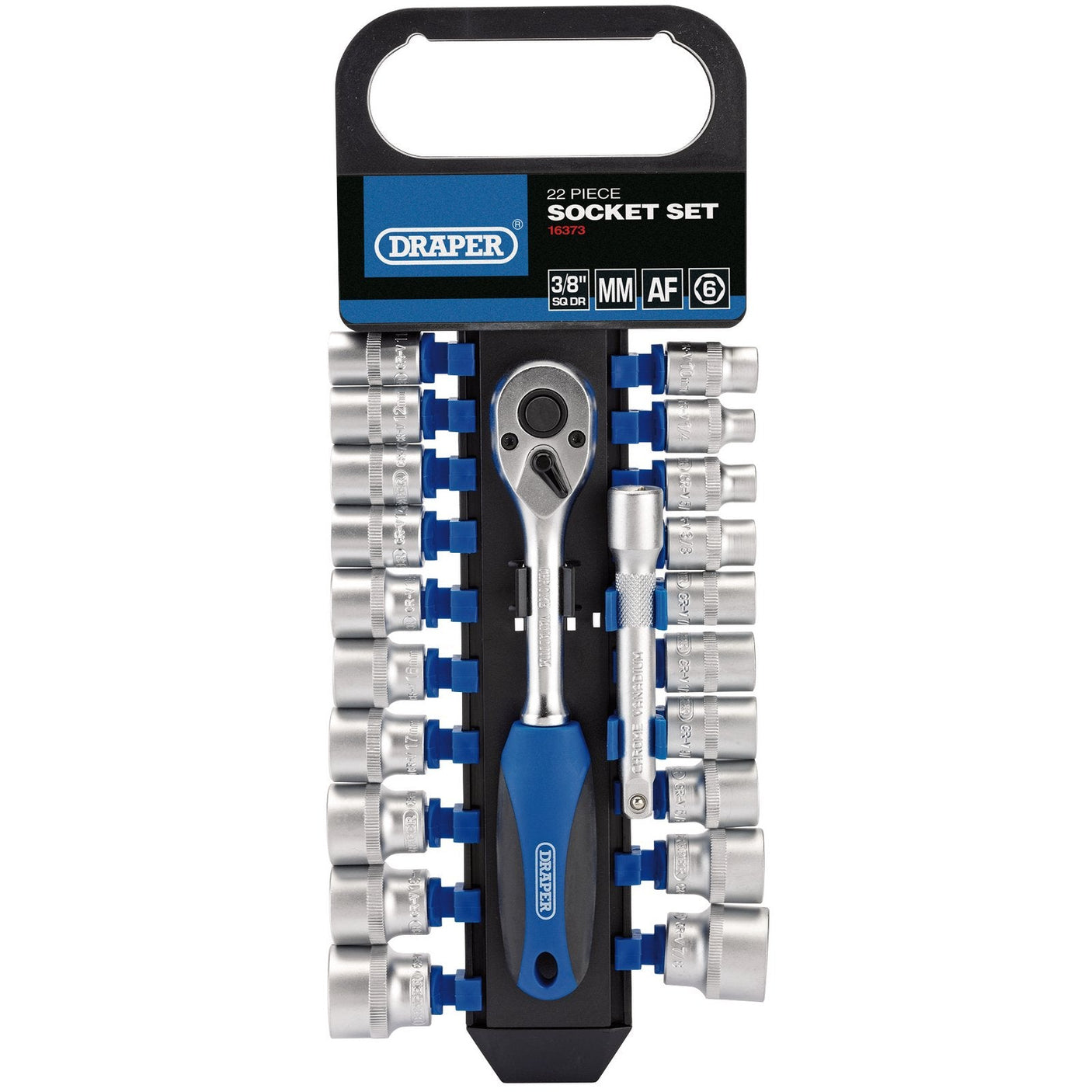 The Draper Combined mm/AF Socket and Ratchet Set, 3/8" Sq. Dr. (22 Piece) - DD22AM/PR includes a blue and black reversible ratchet, various chrome vanadium steel sockets in both metric (MM) and AF sizes, and a convenient carrying holder.