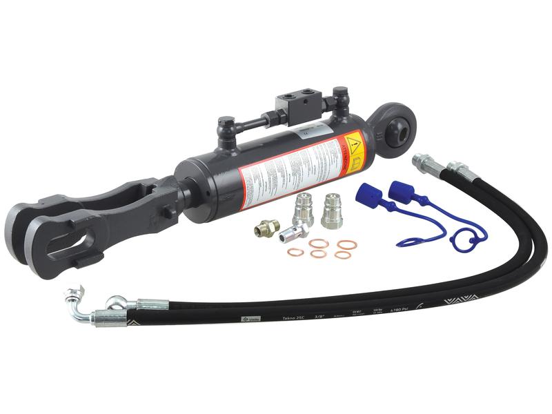 A Sparex Hydraulic Levelling Box, supplied with hoses and featuring ball end fittings (Ø 22mm), a fork hole (Ø 29x60mm), a minimum length of 660mm, an 80mm cylinder bore, and various small hardware components against a white background. This is identified by the Sparex Part Number S.163763.