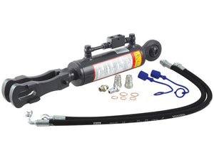 A Sparex Hydraulic Levelling Box, supplied with hoses and featuring ball end fittings (Ø 22mm), a fork hole (Ø 29x60mm), a minimum length of 660mm, an 80mm cylinder bore, and various small hardware components against a white background. This is identified by the Sparex Part Number S.163763.