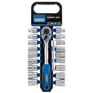 Introducing the Draper Combined mm/Af Socket And Ratchet Set, 1/2" Sq. Dr. (20 Piece) - HD20AM/PR, featuring a 72 tooth reversible ratchet handle and an array of both metric and imperial socket sizes, all neatly arranged in a black plastic holder with a convenient carrying handle.