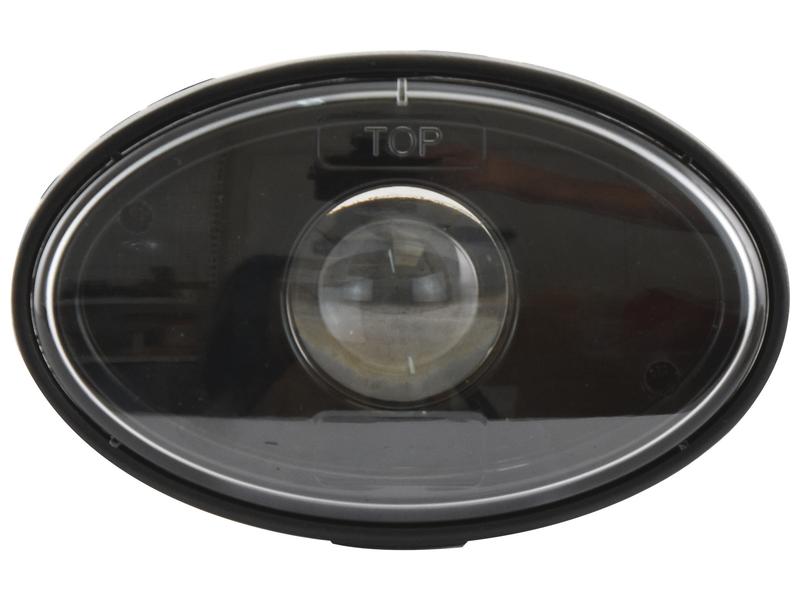 Close-up of an oval-shaped vehicle headlight from Sparex, featuring a crisp LED light emitting 2400 lumens and marked with the word "TOP" at the upper center of the lens.