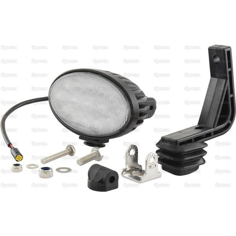 A set of vehicle light components, including a black oval New Holland LED Work Light with an IP6K9K rating and Class 5 interference, producing 4500 lumens raw at 10-30V, along with mounting brackets, screws, nuts, and electrical connectors is displayed against a plain background. Ideal for those seeking reliable LED flood beam options like Sparex.