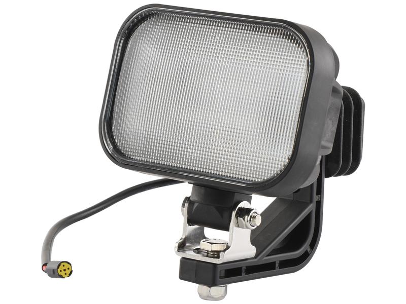 The Sparex LED Work Light, Interference: Class 5, emits an impressive 4200 lumens raw and operates within a 10-30V range. This versatile flood beam light features a black casing with a metal mounting bracket and an attached wiring connector, making it perfect for various tasks and built to last. (Sparex Part Number: S.163878)