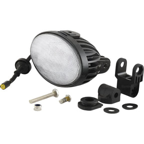 A New Holland LED Work Light from Sparex, featuring an oval shape and 4500 lumens of raw light output, is displayed with various mounting hardware including screws, brackets, and washers on a white background. The light is rated IP6K9K for ultimate durability and operates within a 10-30V range, making it perfect for Sparex vehicles.