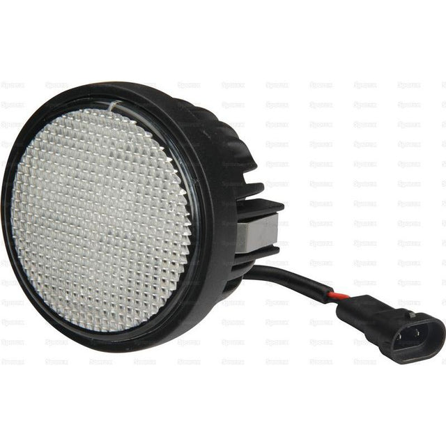 The Sparex Fendt LED Work Light, featuring a black casing, reflective surface, and an attached black cable with a connector, offers exceptional durability with its IP6K9K rating and emits 2200 lumens of raw light at 10-30V, classified under Interference Class 3.