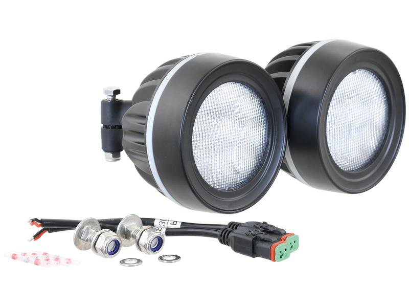 Two Sparex LED Work Lights, each producing 4950 lumens with Class 5 interference rating, black and round 45W off-road flood lights featuring IP6K9K rating, complete with a mounting bracket, wiring harness, connectors, and small accessories on a white background.